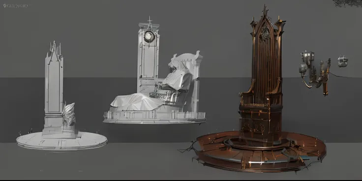 There are three different types of clocks on the table, object concept art, artstation concept, trending on polycount, artstation concept art, Gothic epic library concept, polycount contest winner, senior concept artist, as seen on artstation, by senior en...