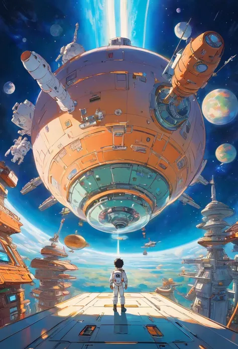 A futuristic space station floating in orbit, with many satellites and space ships flying around station, one boy in space suit gazing at station