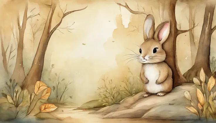 cute cartoon bunny, enchanted forest, sepia vintage