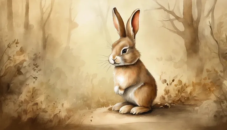 cute cartoon bunny, enchanted forest, sepia vintage