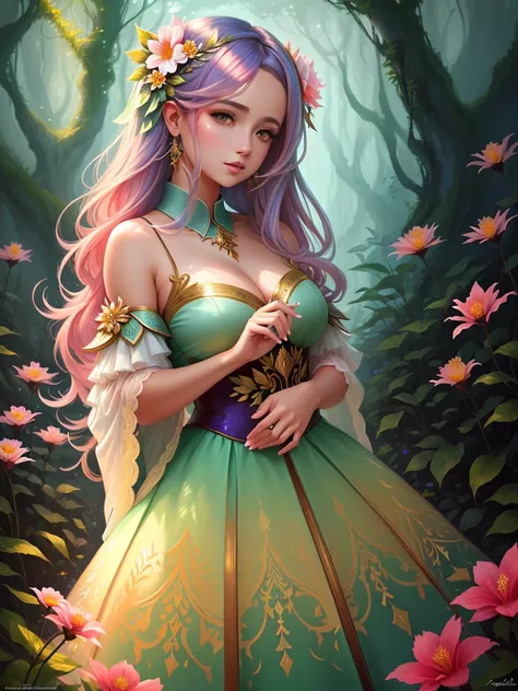 uma mulher com cabelos longos e uma coroa de flores em uma floresta, bela arte de fantasia, retrato bonito da arte da fantasia, retrato bonito da fantasia, estilo de arte de fantasia, arte de fantasia muito bonita, linda donzela fantasia, arte de fantasia ...