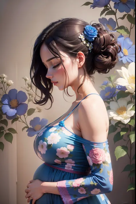 (highres,realistic) A pregnant woman in profile, her eyes closed in peaceful contemplation, dressed in a blue gown, surrounded by a vibrant floral background.