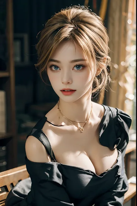 22-year-old woman、(hi-top fade:1.3)、length hair、Blue eyes、Dark theme、Soothing tones、Subdued Color、highly contrast、Colossal tits、(cleavage of the breast)、Off-the-shoulder see-through black dress、The upper part of the body、(natural skin textures、Hyper-Realis...