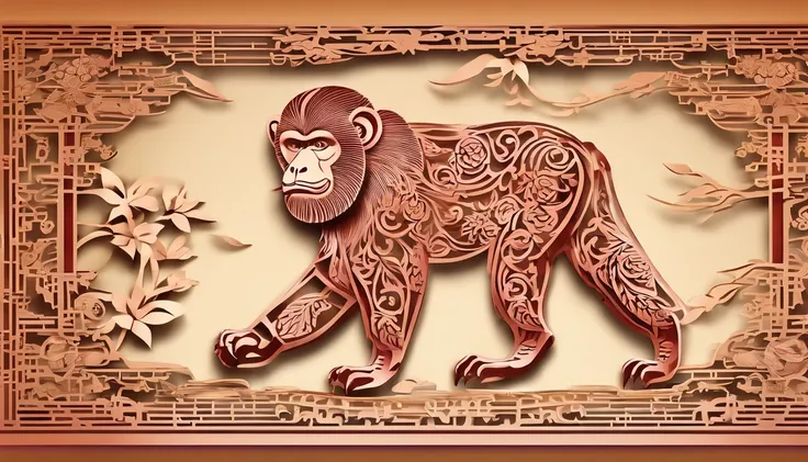 Zodiac monkey，The zodiac monkey is represented in shadow puppets，Windows of ancient China，Plump flowers as a match，Bright frontal light，The color is warm and reddish