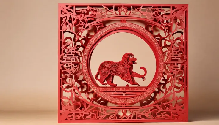 Zodiac monkey，The zodiac monkey is represented in shadow puppets，Windows of ancient China，Plump flowers as a match，Bright frontal light，The color is warm and reddish