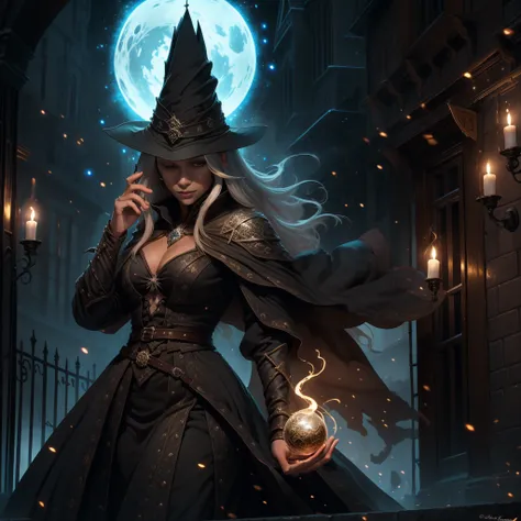 Vestida com um traje de bruxa segurando uma varinha brilhante, Female mage conjuring a spell, mago feminino de fantasia sombria, retrato de feiticeira feminina, Beautiful Female Sorceress, maga feminina,maga de fogo feminina, maga de fogo personagem, in a ...