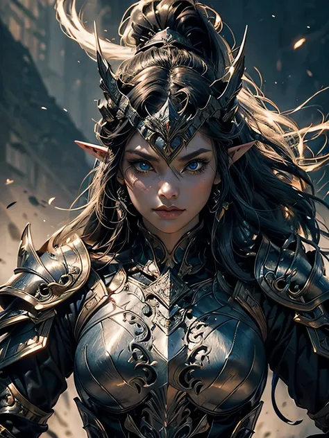 top-quality、Ultra-detailed、Cinematic lighting、Unique lighting effects、Lighting the face、4/5 shots、Focus from the waist up、battle posture、dynamic motion、Full body portrait environment of beautiful 30 year old female elf with intricate details、Elegant person...