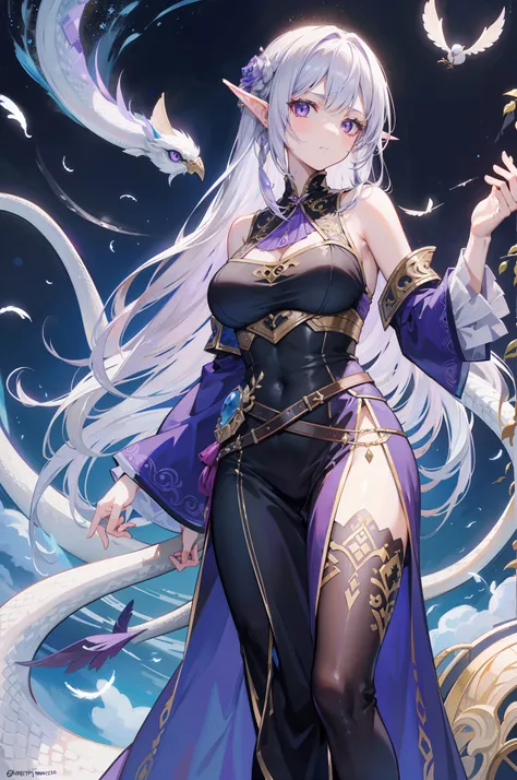 A maiden with an elven appearance, It has the tail of a snake，It has feathers characteristic of birds，whaite hair，Purple eye，the detail，femele，Right-handed chess is playing chess，A look of disdain，Western fantasy world style，Noble costumes