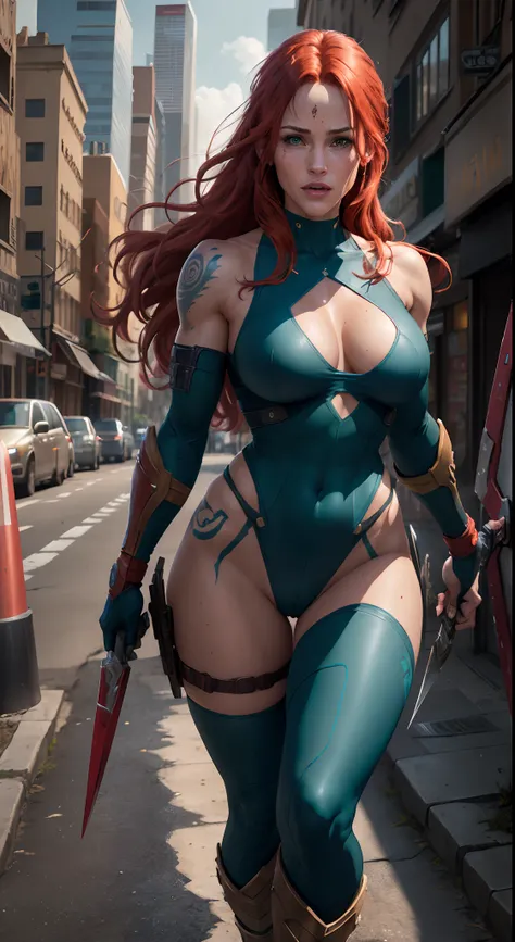 ((Jennifer Garner as Electra)), ((warrior tattoos covering entire body)), ((blue outfit)), ((very revealing outfit)),((red hair)), ((show lots of cleavage)), ((low cut outfit)), ((Marvel hero crossed with Tomb Raider)), ((holding a shield and sifi weapon))...