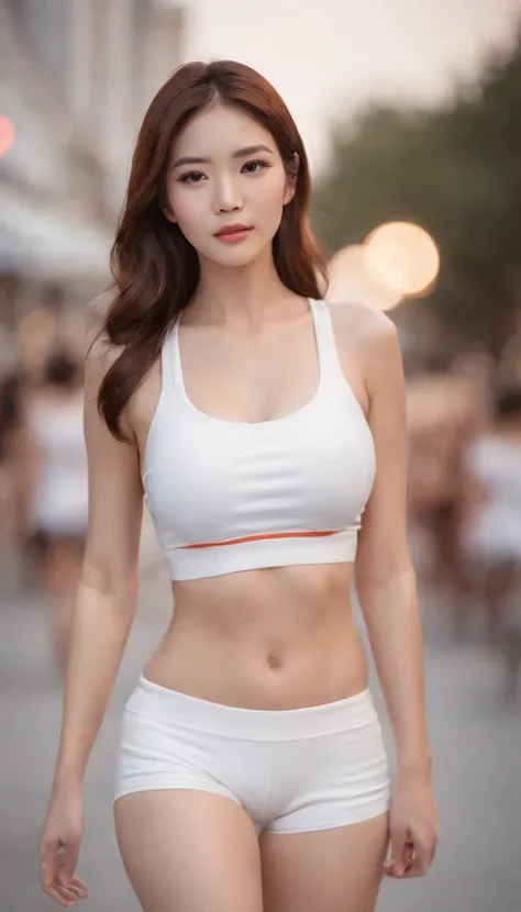 White sports bra, araf woman in hot pants walking on the night street, slim girl model, fancy young Korean woman, Korean womens fashion model, woman in white pants, woman in tight bra, (((((rappin orange skirt))), white underwear is seen,