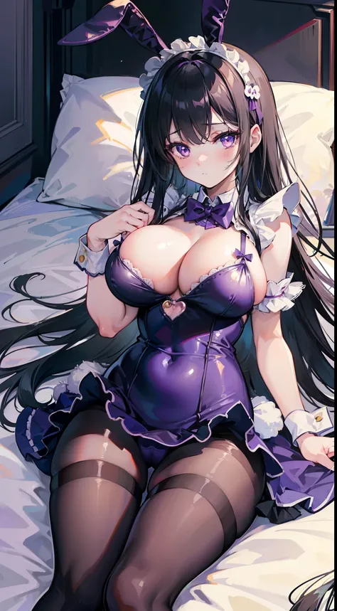 High quality, masterpiece, ultra-detailed, 1girl, thighband pantyhouse, bunny maid outfit, peaceful expression, long black hair, enchanting purple eyes, bunny ears, ridiculously large breasts, grabbing own breast, shiny skin, bedroom