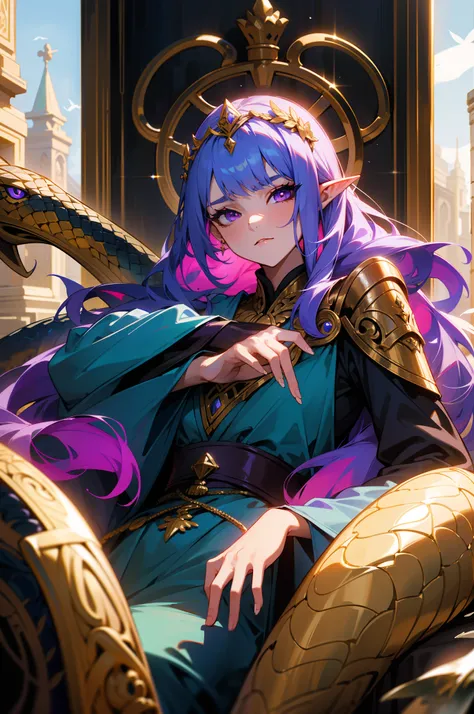 A maiden with an elven appearance, It has the tail of a snake，It has feathers characteristic of birds，whaite hair，Purple eye，the detail，femele，Queen with chess in hand，A look of disdain，Western fantasy world style，Noble costumes