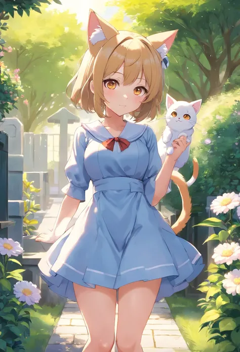 Cat-eared girl in dress standing in garden, Break，silber hair，gold eyes，loli in dress, small curvaceous loli, Guviz-style artwork, Guweiz in Pixiv ArtStation, Guweiz on ArtStation Pixiv, Guviz, small loli girl, Soft anime illustration, Anime visuals of cut...