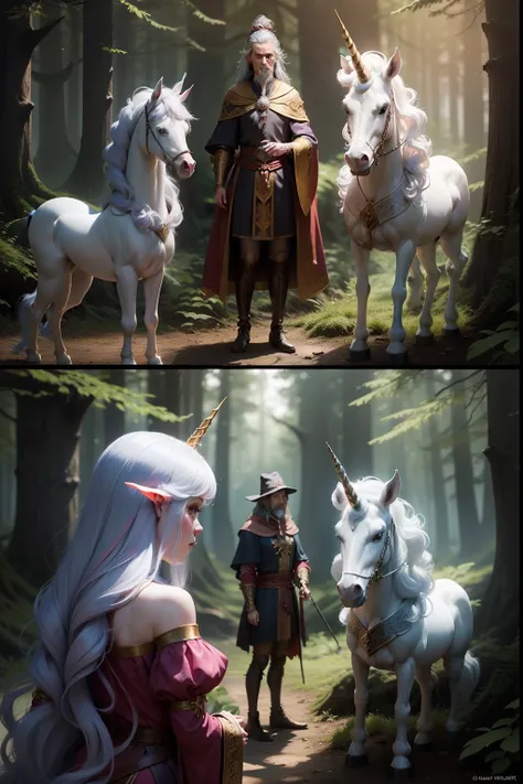 create an image of a princess and the unicorn meeting the evil wizard in the forest