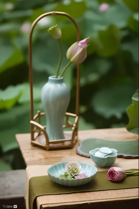 There is a small table with vases and a plate with flowers, celadon glaze, dslr photo of a vase on a table, Lotus, with celadon glaze, Photo taken with Nikon D 7 5 0, Photo taken with Nikon D750, porcelain, Photo taken with Sony A7R, mid afternoon, ICIN《Ce...