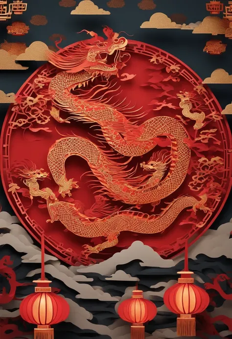 Paper Cuttings style，Oriental style pattern style，There is a large zodiac dragon in the middle，On the streets of ancient China，Festive lanterns in the background