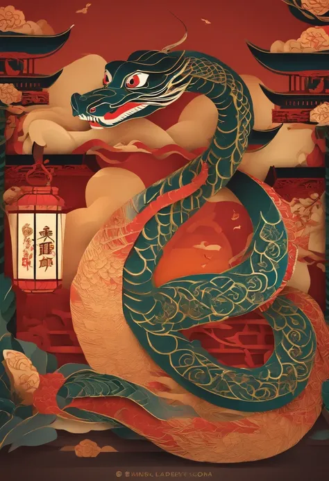 Paper Cuttings style，Oriental style pattern style，There is a large zodiac snake in the middle，On the streets of ancient China，Festive lanterns in the background