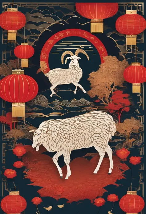 Paper Cuttings style，Oriental style pattern style，In the middle there is a large zodiac sheep，On the streets of ancient China，Festive lanterns in the background