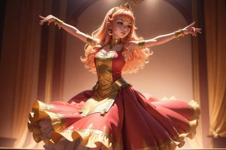 princess wearing Wild Strawberry colored long dress and with Gold (Crayola) colored hair, dancing pose