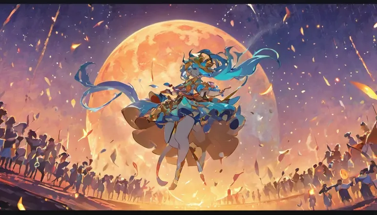 Mid-Autumn Festival，(large moon)，(((((taur)))))，tradit，celebrating，fire works，((Kongming Lantern))，Dont anthropomorphize，The cow followed and watched