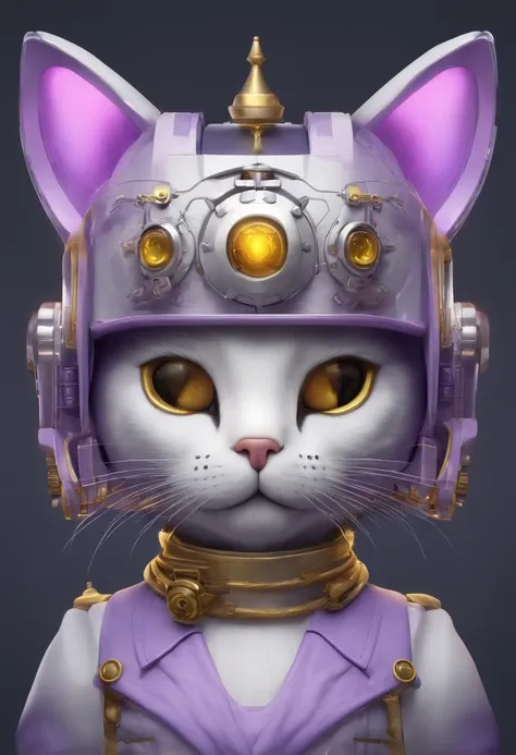 Create a drawing of a robot cat with a mustache (as if it were of a human being only in drawing) e olhos azuis.  ele tem que ser branco, with the lilaz tail and the lilac-hued orelle and paws,a yellow collar and lilac belly, com uma letra M na frente