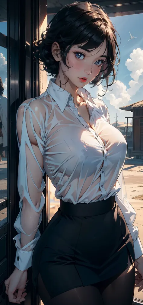 1female，35yo，plumw，extremely large bosom， 独奏，（Background with：A desert，aerodrome，Planes） She has very short black hair，bobo head，Stand on the plane，，seen from the front， curlies， mostly cloudy sky，（（（tmasterpiece），（Very detailed CG unity 8K wallpaper），best...