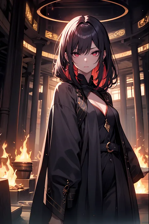 「A woman is personified by a demon、Draw scenes with mysterious and seductive charm。Her skin glows in sensual reds and dark tones.、Its hair flows beautifully as if burning in the dark。Her eyes are filled with seduction and knowledge.、The secrets of the abys...