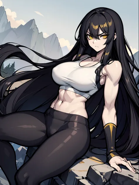 black hair, extremely long hair, yellow eyes, pale skin, muscular, large breasts, thick thighs, angry, leggings, tank top, mountain range background