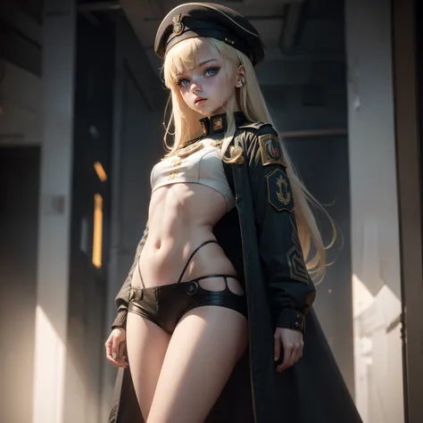 ukrainian girl , Ukrainian anime girls , , Ukraine ,  Full body composition of young girl with messy bright blonde hair,eye make up, 14 year old,  Soft lighting, Solo, Old torn dirty shabby futuristic military uniform, badges, Pose, Blotch color, Octane Re...