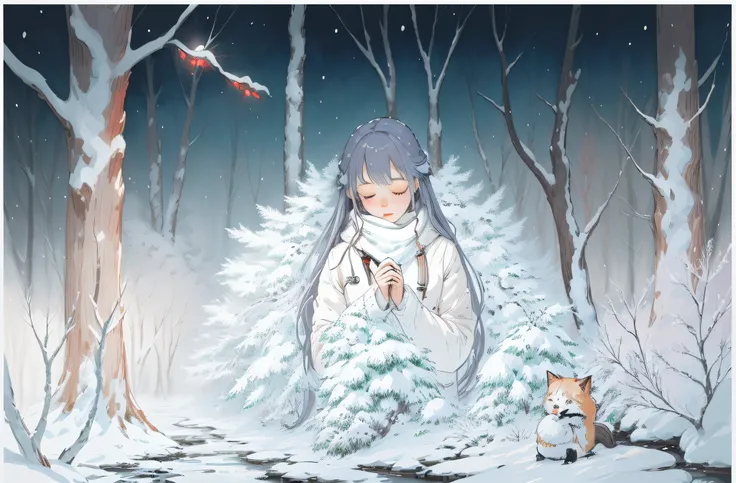 Draw a woman in a white coat in a snowy forest, A beautiful artwork illustration, Guviz-style artwork, Soft anime illustration, dreamlike illustration, Cute detailed digital art, Digital art on Pixiv, Arte conceitual de inverno, adorable digital art, Guwei...