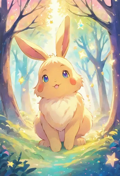 a colorful rabbit with antlers in a magical forest,soft pastel colors,horned bunny,whimsical fantasy creature,realistic fur texture,shimmering rainbow colored fur,golden antlers,sparkling eyes,mischievous smile,enchanting background with twinkling stars,et...