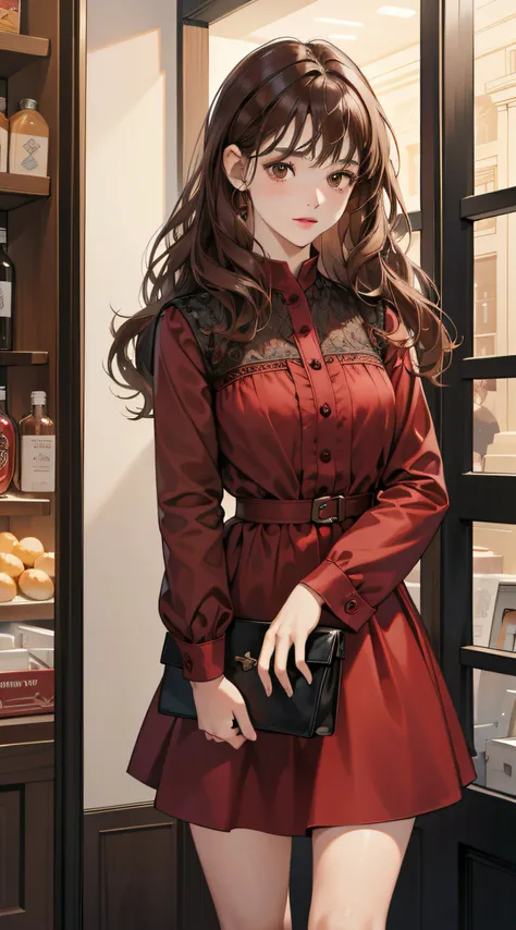 Masterpiece, best quality, realistic, 1woman, quiet, calm and pretty young woman, 16 years old, ((close mouth)), extremely detailed, a little distance, half body, long maroon casual dress, in front of store, nightview ((dark brown eyes)), ((wavy with bang ...