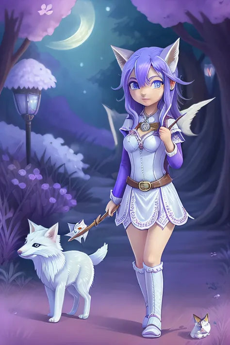 (Detailed description) (melhor qualidade)Elf archer with purple hair walking with her white pet fox