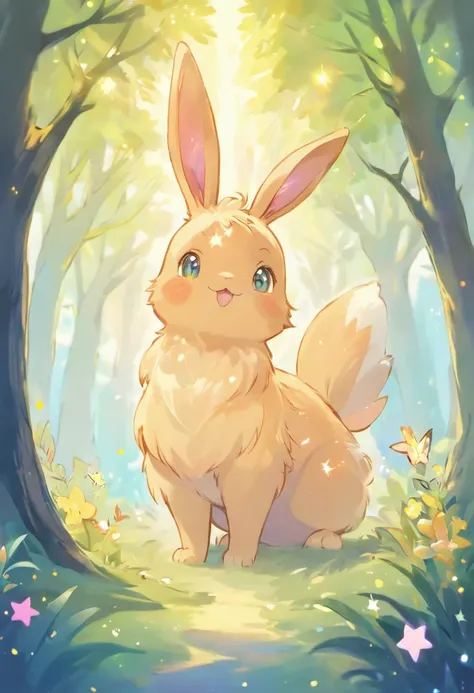 a colorful rabbit with antlers in a magical forest,soft pastel colors,horned bunny,whimsical fantasy creature,realistic fur texture,shimmering rainbow colored fur,golden antlers,sparkling eyes,mischievous smile,enchanting background with twinkling stars,et...