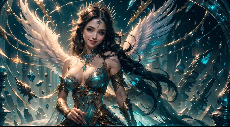 (Smile:1.3), Female angel, Angel wings, Large breasts，Complex surface details, Crystalcore, Bejeweled, Delicate close-up dress, Highly detailed fantasy characters, Amazing community, intricately ornamented, detailed fantasy digital art,