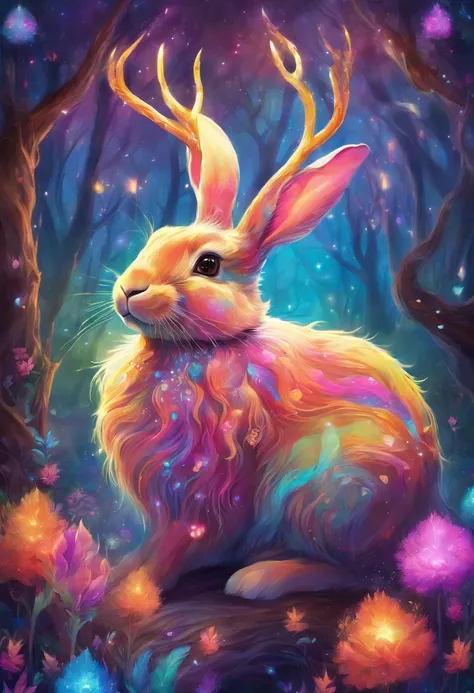 a colorful rabbit with antlers in a magical forest,soft pastel colors,horned bunny,whimsical fantasy creature,realistic fur texture,shimmering rainbow colored fur,golden antlers,sparkling eyes,mischievous smile,enchanting background with twinkling stars,et...