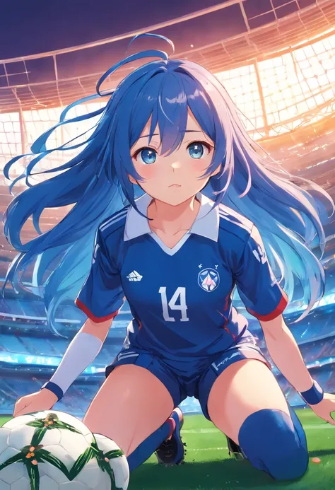 (blue long hair), anime girl, fate astolfo,soccer uniform