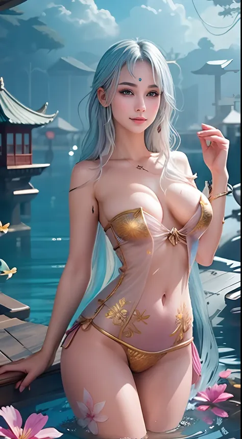 ,beautiful goddess emerging from the ocean, caucasian girl with shiny silver hair, full female body, golden eyes, wild waves, big waves, oriental mandala tattoos, transparent dresses, skin wet with water, stormy sky, sunset sky red stormy clouds, ancient t...