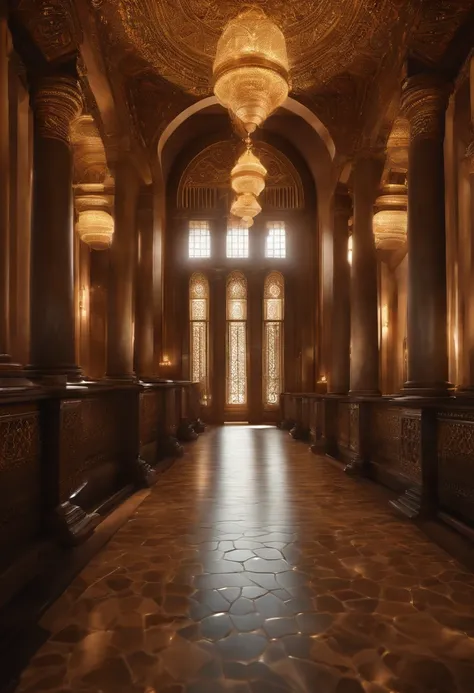 "Create a semi-realistic 3D scene of a stunning environment. The hall, constructed with volcanic stones and adorned with golden ornaments, exudes an aura of power and authority. A lengthy marble walkway stretches across the floor, leading to the courtroom....