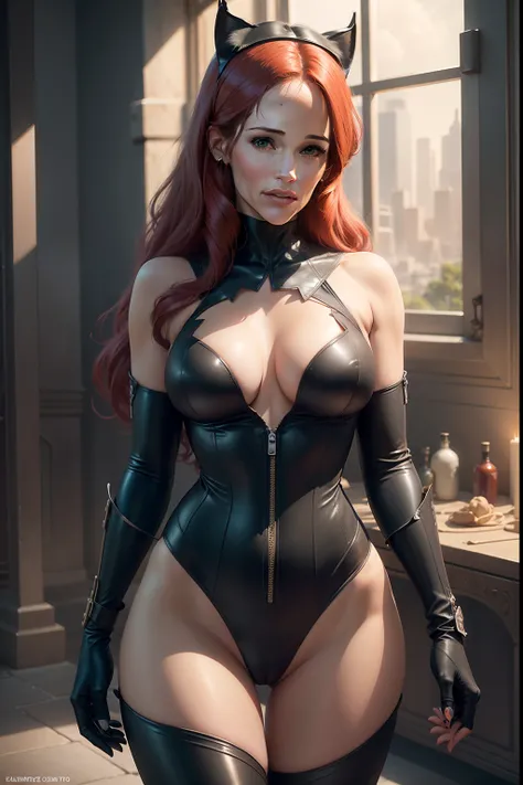 ((Jennifer Garner as Electra)), (((as catwoman))), ((very revealing outfit)),( (red hair)), ((show lots of cleavage)), ((low cut outfit)), ((skimpy outfit)), (Masterpiece, 4k resolution, ultra-realistic, very detailed), [ ((25 years), (long red hair:1.2), ...