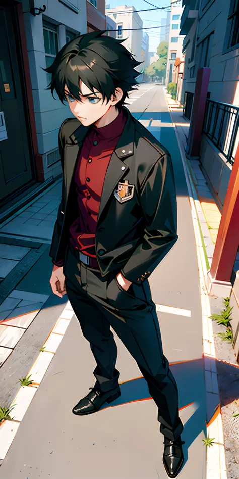 1beautiful anime boy - style man in black jacket, shiny blue eyes, standing on street, highdetailed, hyper realistic style, kentaro miura style, photorealistic style, handsome anime pose, ( ultra realistic ), makoto shinkai. octane render, style game squar...