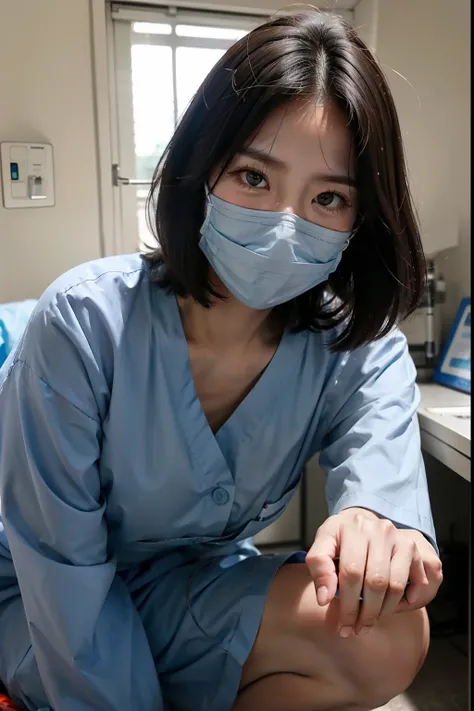 A dark-haired、Wear a mask、Black tabby glasses、short-cut、Colossal tits、Light blue nurse clothes、crouching down、Eyes that laughed、In the hospital、Hospital Room