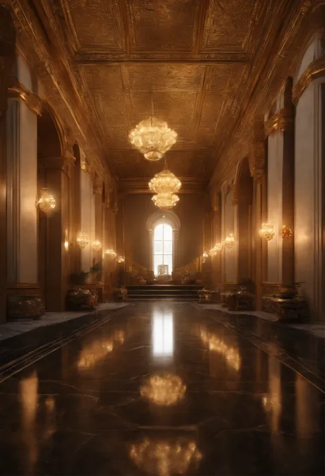 "Create a semi-realistic 3D scene of a stunning environment. The hall, constructed with volcanic stones and adorned with golden ornaments, exudes an aura of power and authority. A lengthy marble walkway stretches across the floor, leading to the courtroom....