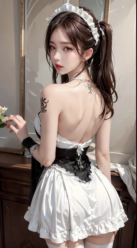 photorealistic, high resolution, soft light,1women, solo, hips up, (detailed face),tattoo, jewelry, wearing sexy maid dress, lon...