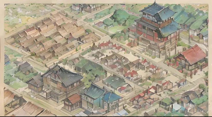 There is a manga of a village with many people, Traditional Chinese concept art, Chinese village, pastoral environment, Chinese village, Old ethnic style village, Chinese style illustration, Pintura em grande estilo, Ethnic villages, Ethnic villages and to...