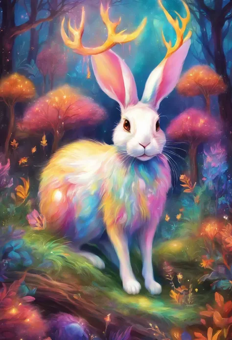 a colorful rabbit with antlers in a magical forest,soft pastel colors,horned bunny,whimsical fantasy creature,realistic fur texture,shimmering rainbow colored fur,golden antlers,sparkling eyes,mischievous smile,enchanting background with twinkling stars,et...