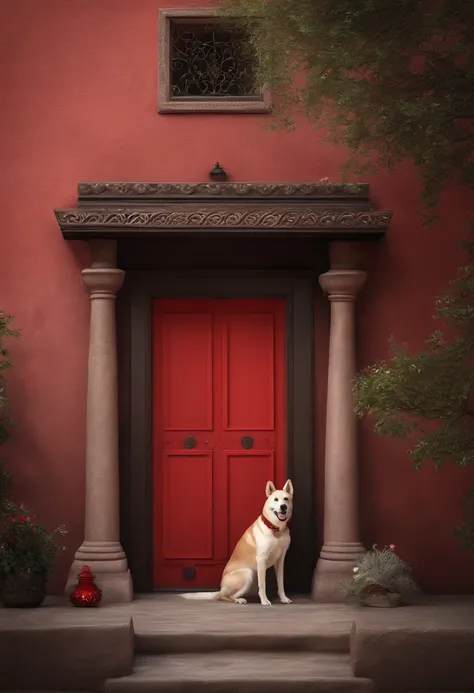 Ancient red door，The door is an ancient tradition，Red decorative lantern，new year，There was a dog lying on his stomach in front of the door，The dog wears accessories with traditional patterns，Bright frontal light