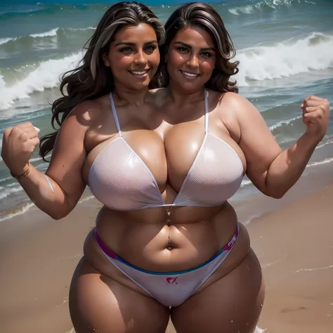 (((2heads))), furry, fox,fat, chubby,transgender woman, very feminine and beautiful face, hourglass figure, speedo, big bulge in crotch, sexy suntan, sunkissed skin, oiled skin, dark hair with highlights, unathletic, surfing at the beach, smiling, full bod...