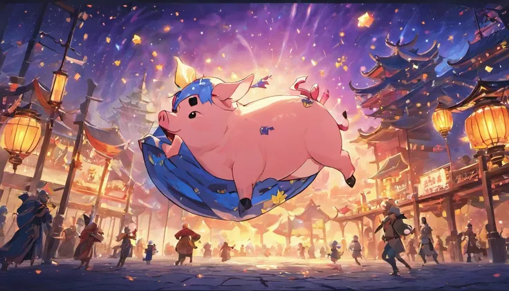 Mid-Autumn Festival，(large moon)，(((((Zodiac pig)))))，tradit，celebrating，fire works，((Kongming Lantern))，Dont anthropomorphize，Dont be human，In the celebration street