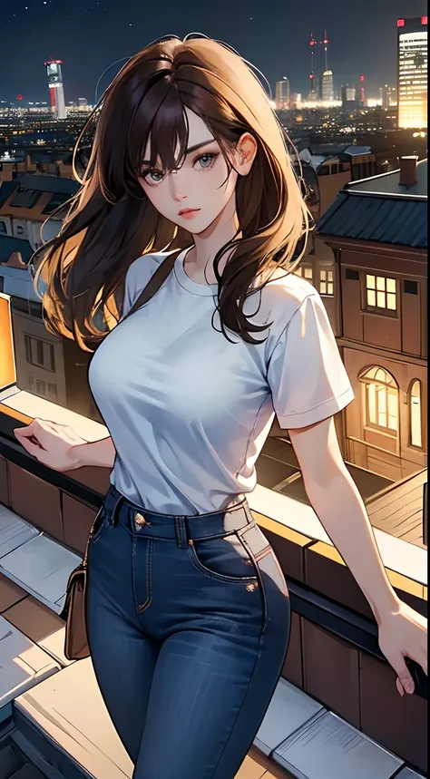 ((Midnight, Best quality, 8k, Masterpiece :1.3)), Whole body, Long legs, Sharp focus :1.2, A pretty woman with perfect figure :1.4, Slender abs :1.1, ((Dark brown hair, Big breasts :1.2)), (White tight tshirt, Jean bib, Standing:1.2), ((Night city view, Ro...